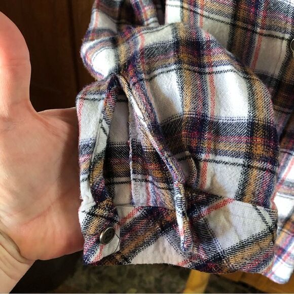 Anthropologie Cloth & Stone Blue Plaid Button Metallic Flannel Top - L - Picture 5 of 11